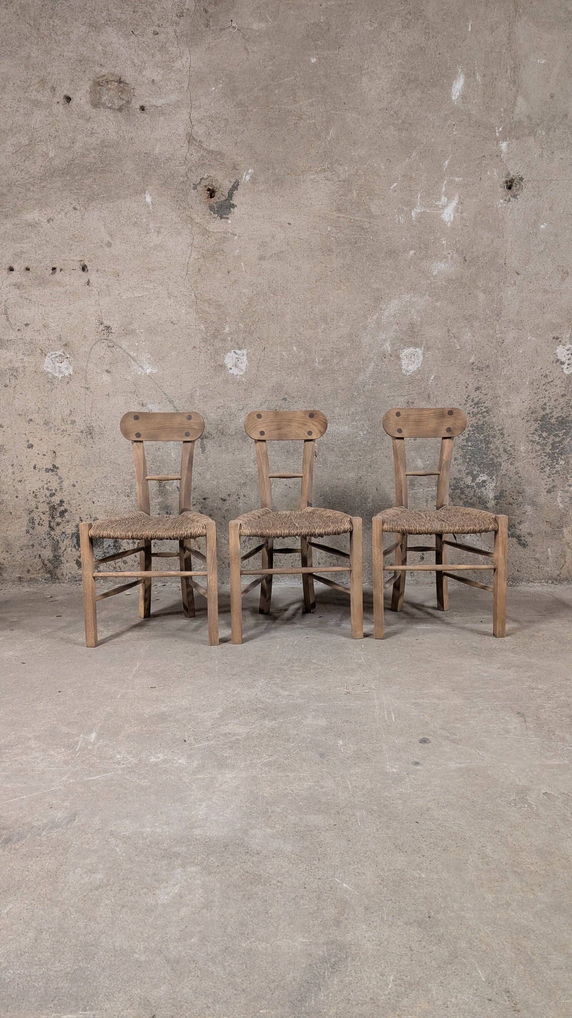 Set of 3 rustic wooden and woven straw chairs