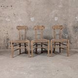 Set of 3 rustic wooden and woven straw chairs