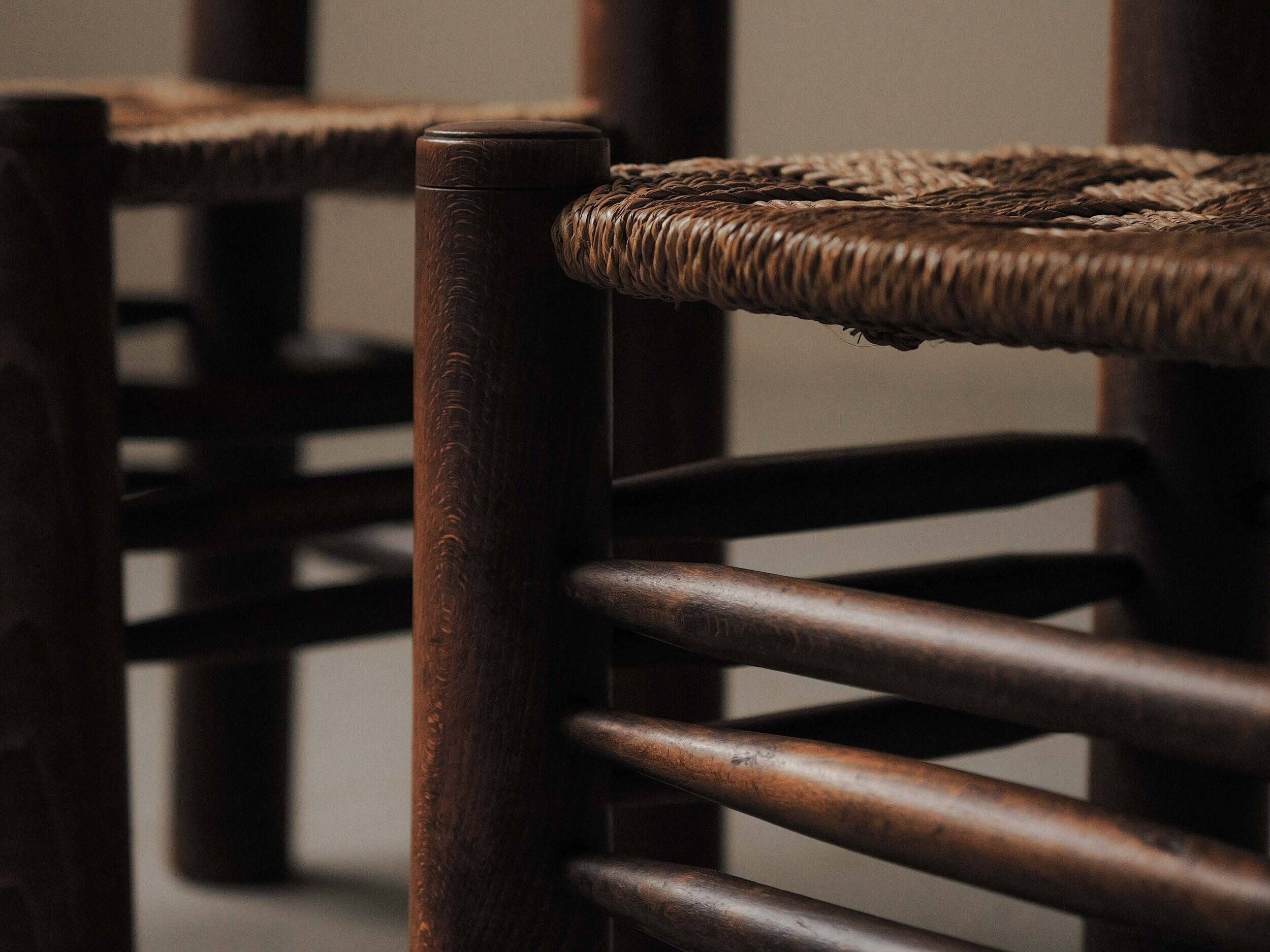 Set of 4 modernist chairs in beech and woven cord, France, circa 1940.