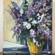 Violet bouquet at the window, oil on canvas signed Lilas Paumier.