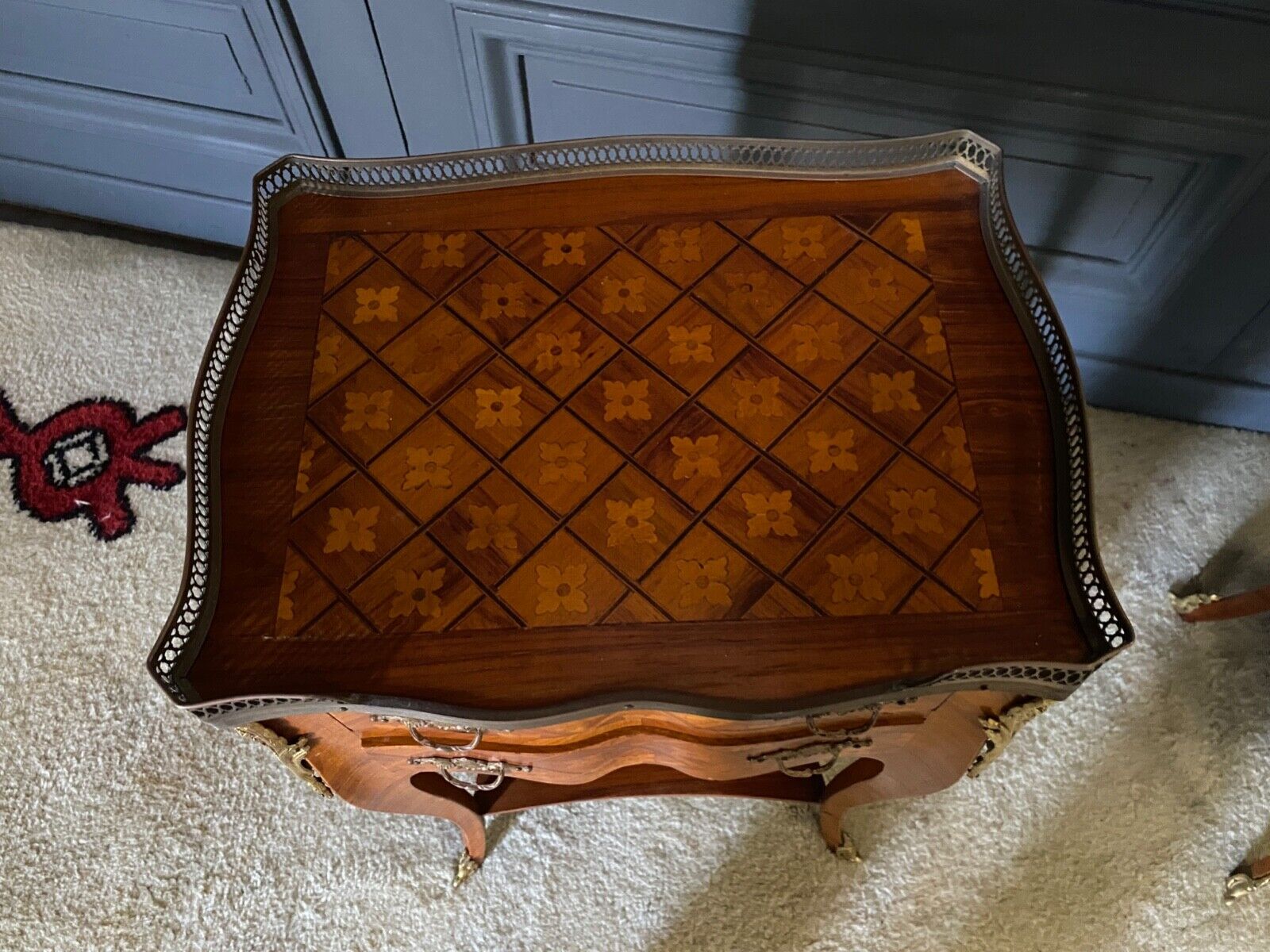 Pair of bedside tables Louis XV style marquetry with shamrocks and XXth bronze