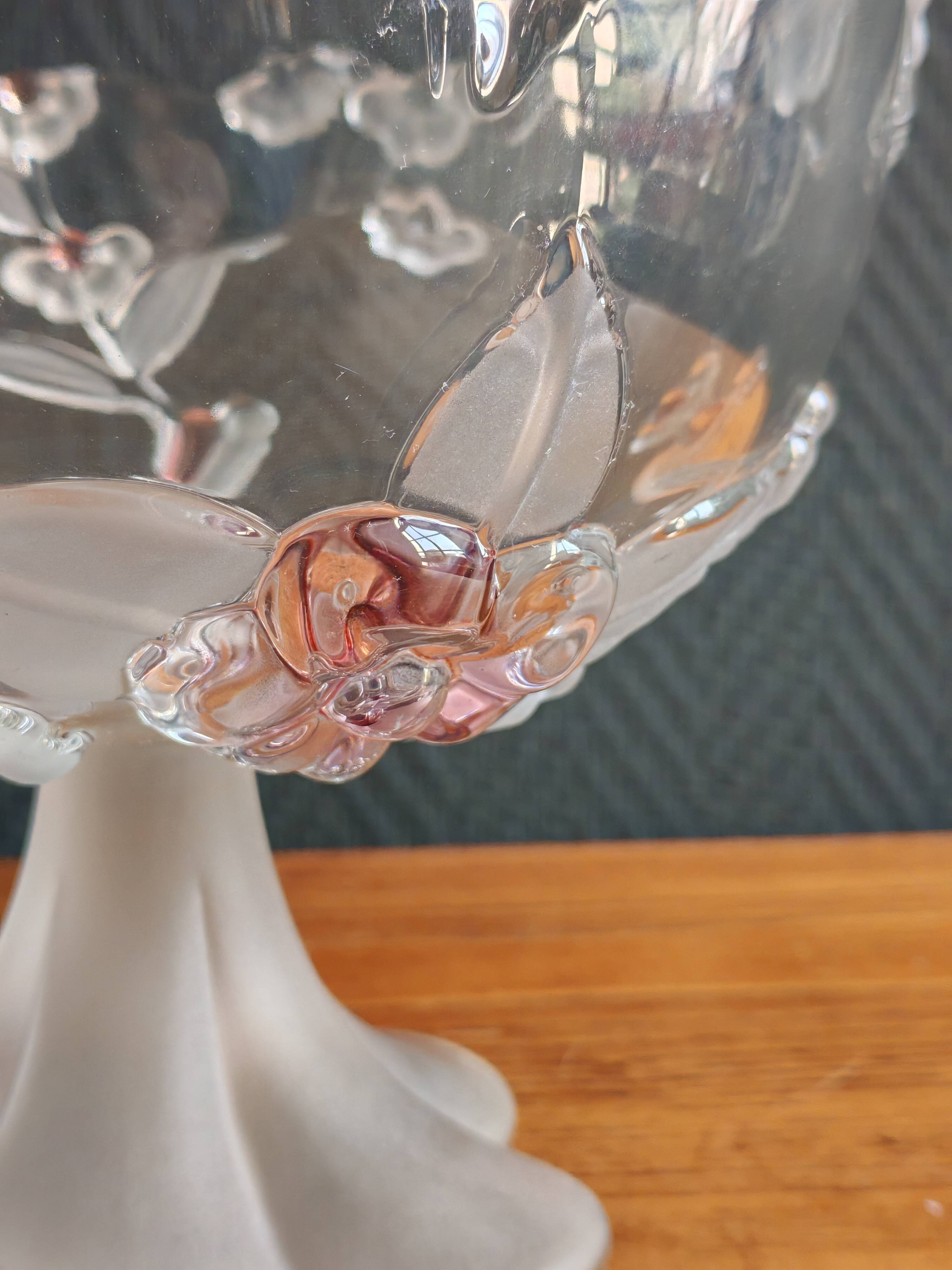 Vintage Frosted Glass Footed Bowl – Relief Decor of Pink Flowers