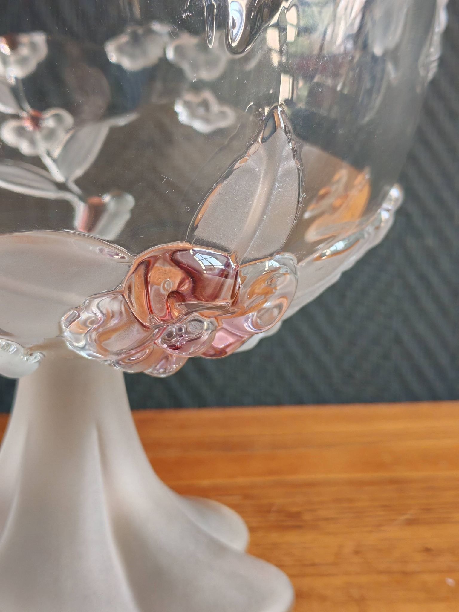 Vintage Frosted Glass Footed Bowl – Relief Decor of Pink Flowers
