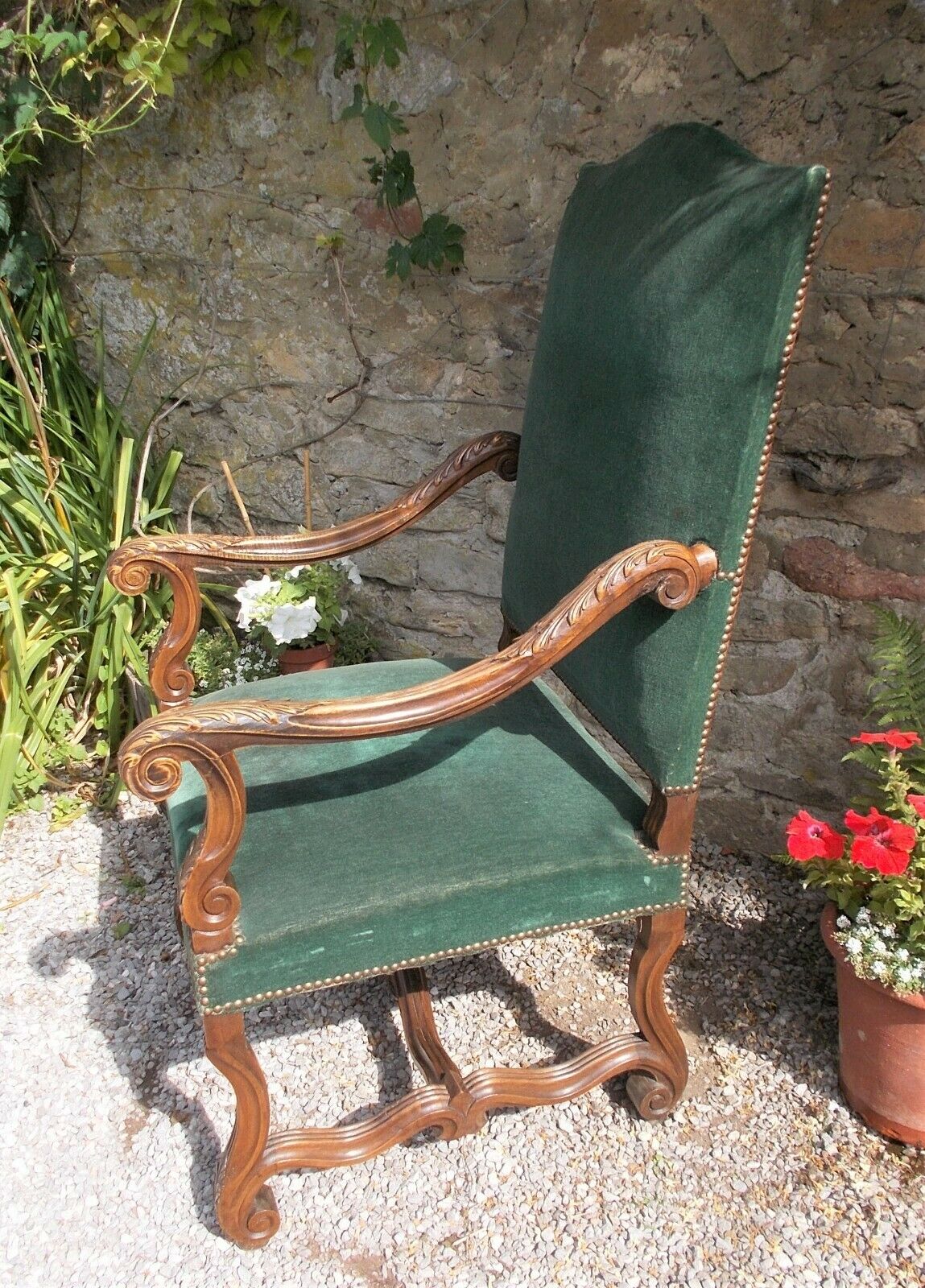 19th C Antique open armchair, Flemish,Carved Oak Detail, Velvet Upholstered