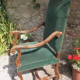 19th C Antique open armchair, Flemish,Carved Oak Detail, Velvet Upholstered