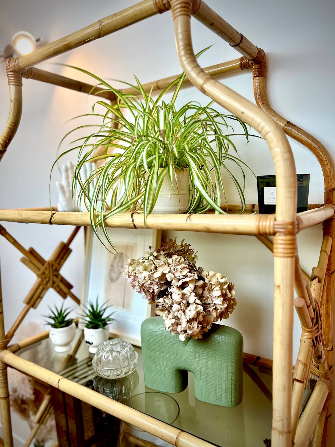 Rattan and glass shelf