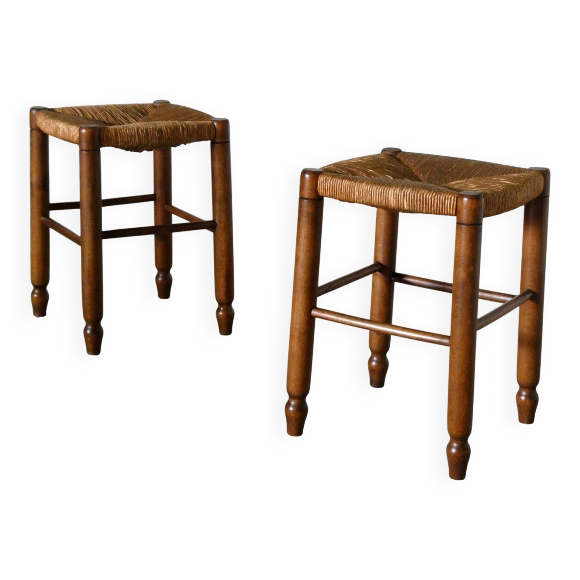 paire de tabourets en bois et paille, 1960