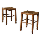 paire de tabourets en bois et paille, 1960