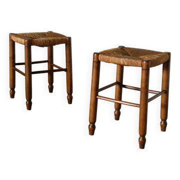 paire de tabourets en bois et paille, 1960