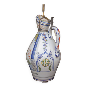 Earthenware lamp, jug transformed into religious polychrome earthenware lamp, large lamp, collection