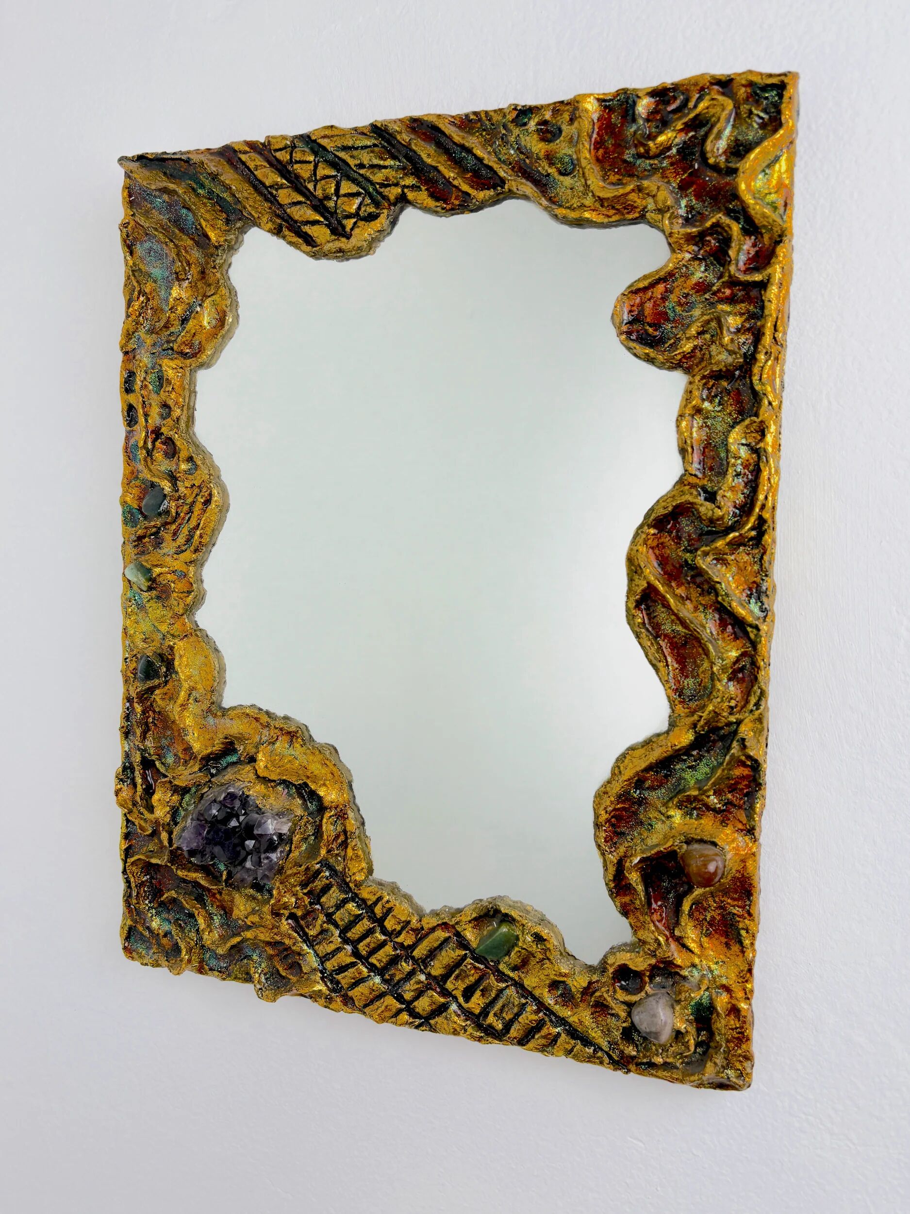 Italian brutalist resin and stones mirror, 1970s