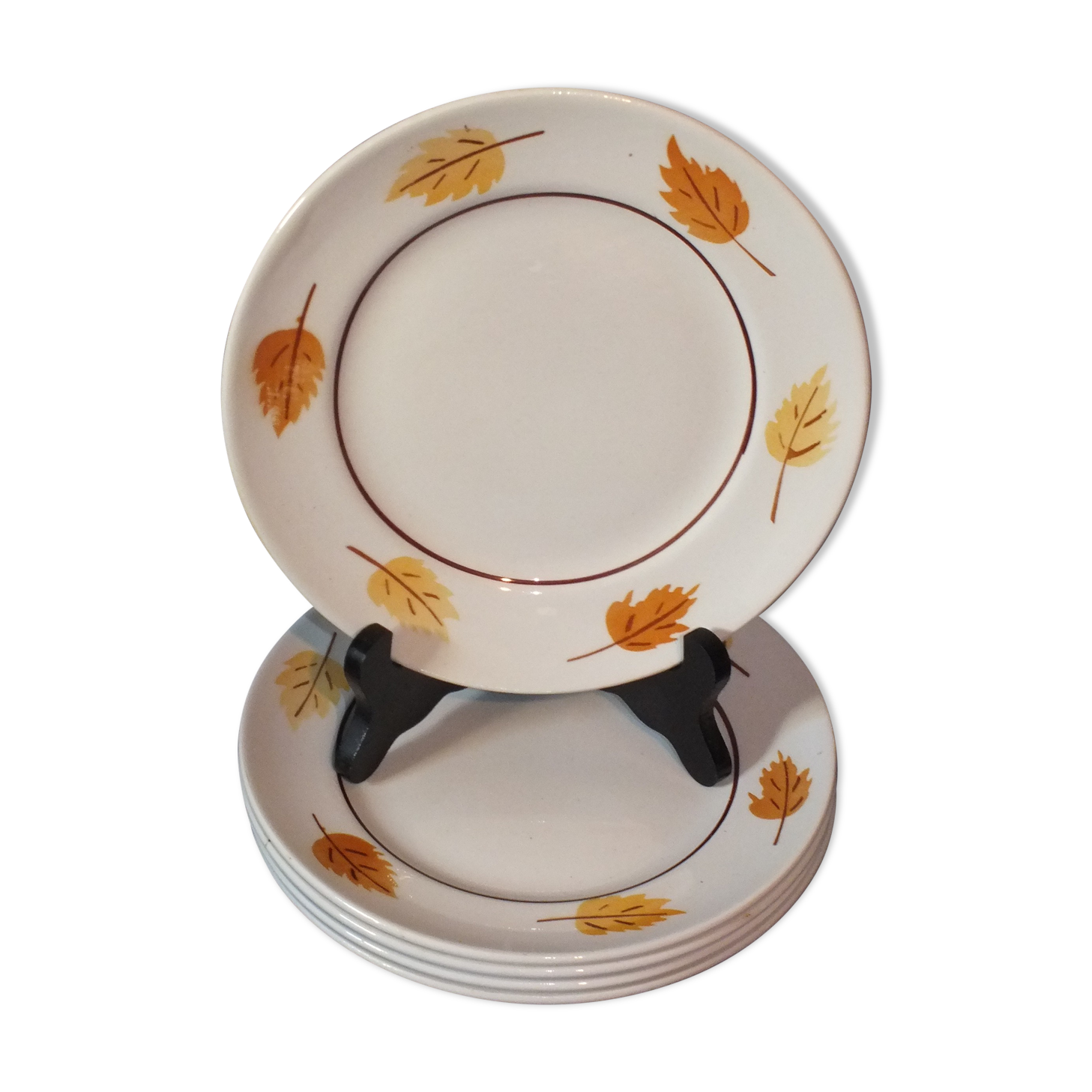 5 Vintage dessert plates Moulin des Loups décor autumn leaves