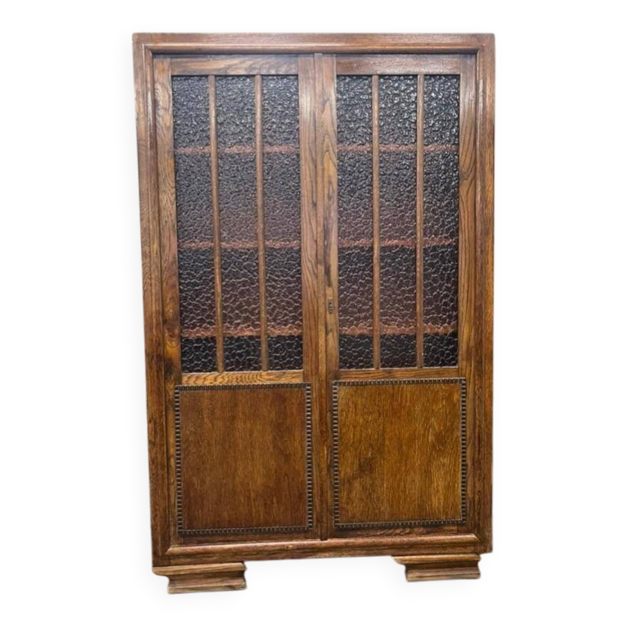 Vintage wooden display cabinet with textured glass.