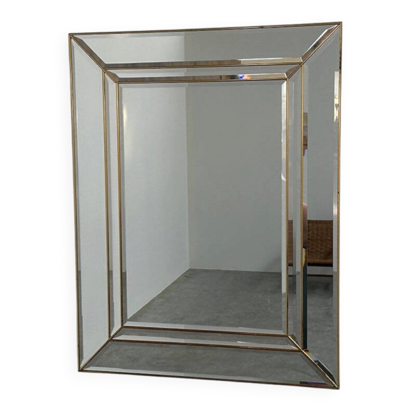 Miroir mural en laiton vintage biseauté, grand miroir Hollywood Regency, Mid-Century Modern