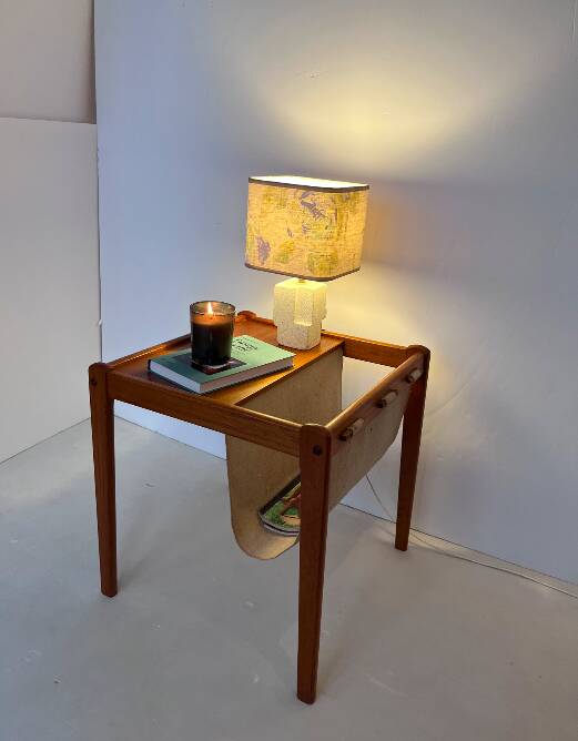 occasional table / magazine rack in teak and turbo-edged fabric