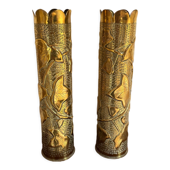 Pair vase brass shell pattern of leaves