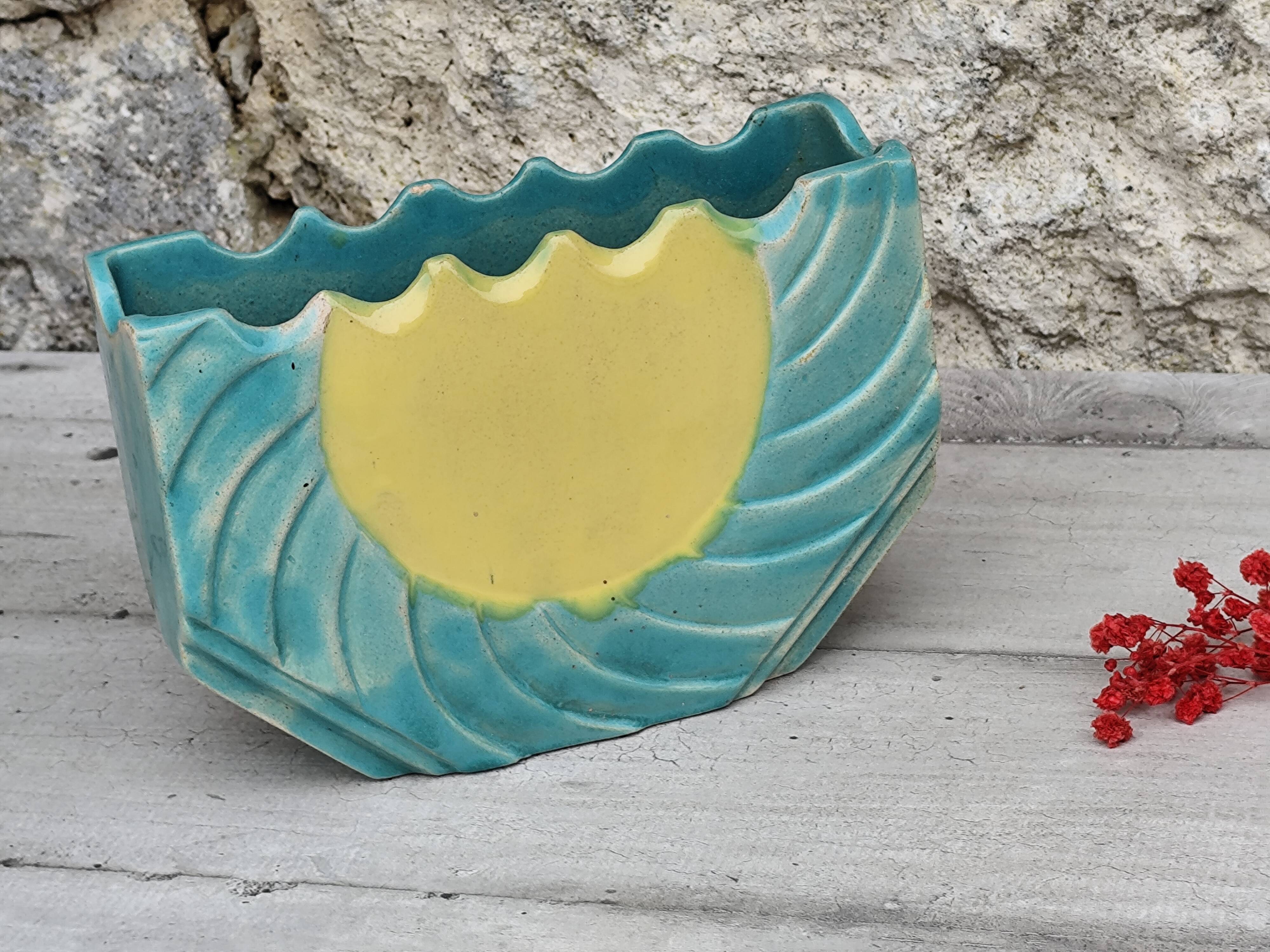 Large blue and yellow ceramic flowerpot vase