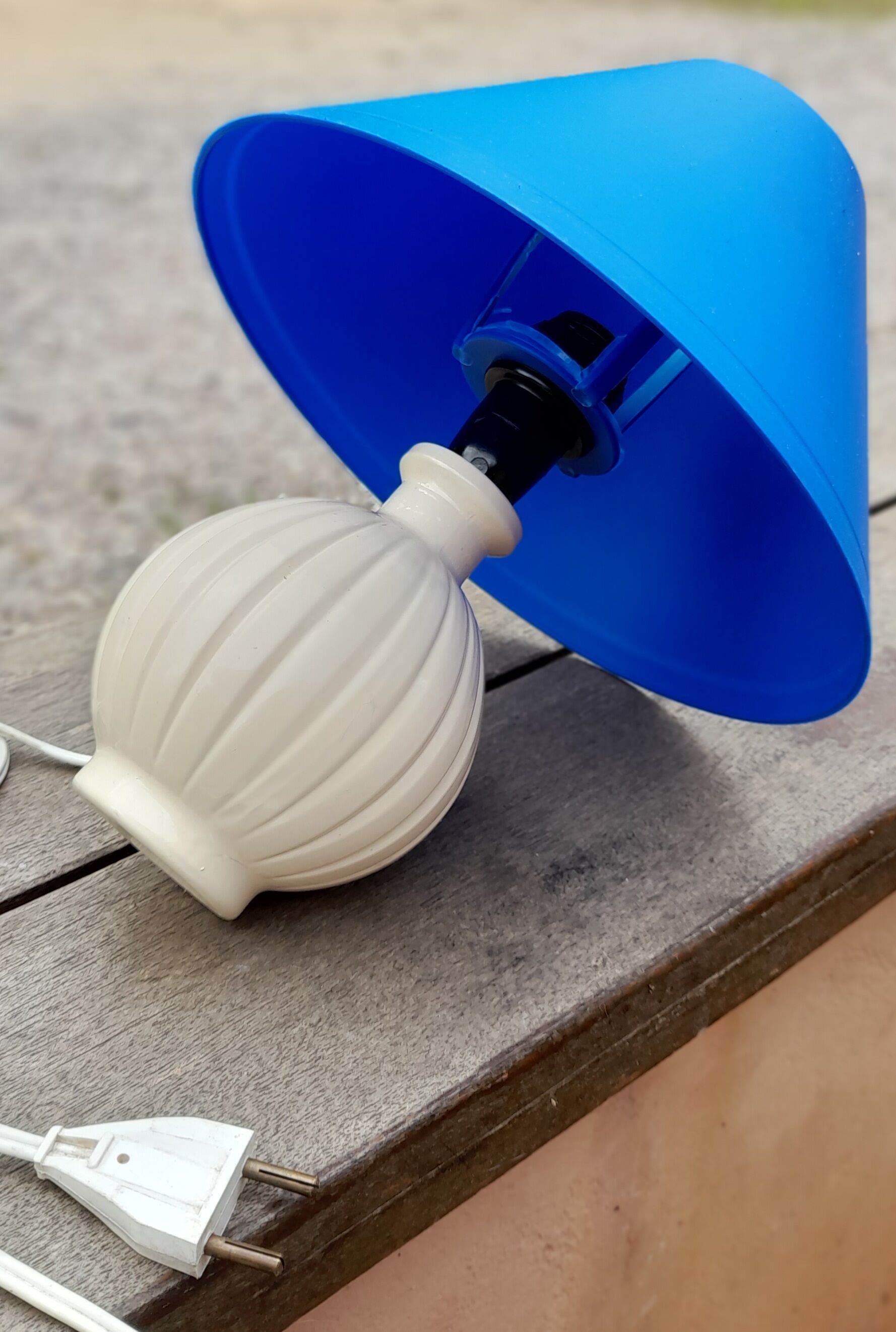 Bedside lamp, ceramic ball foot cream, blue lampshade, circa 70's