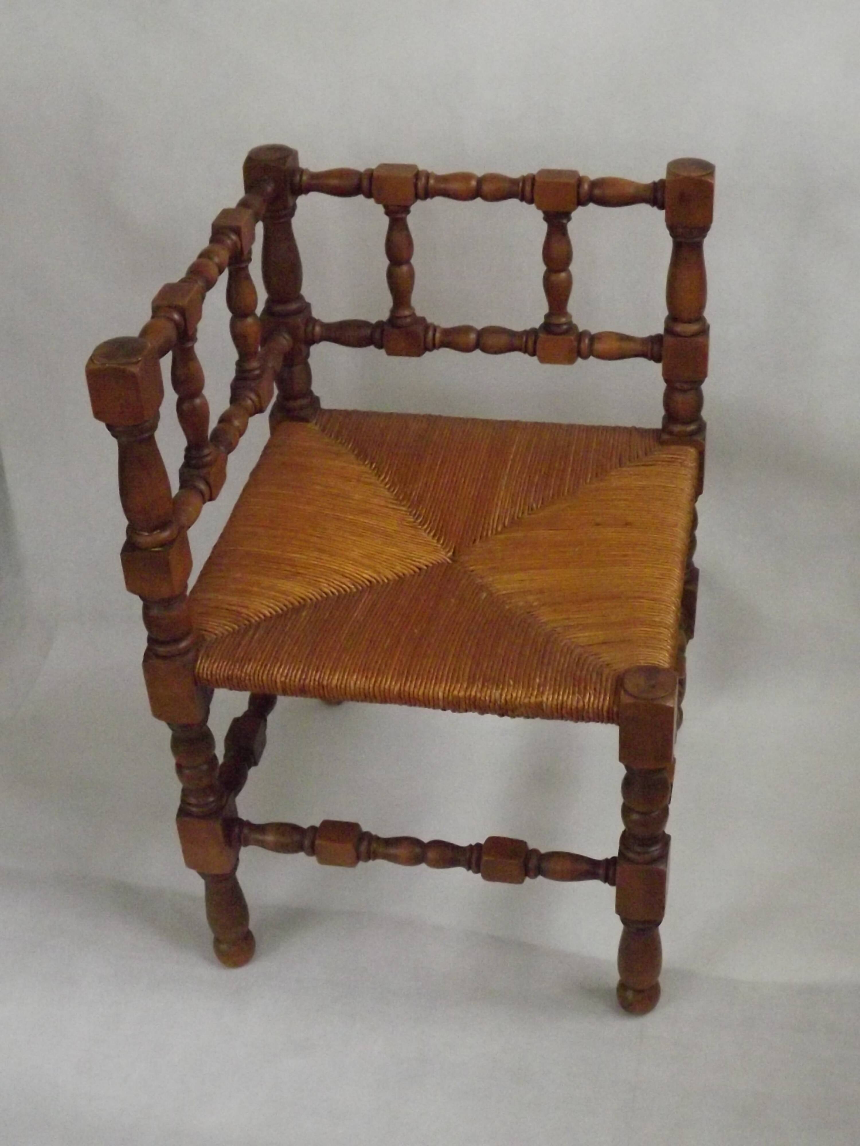 Antique French Turned Wooden Bobbin Chair with Rush Seat