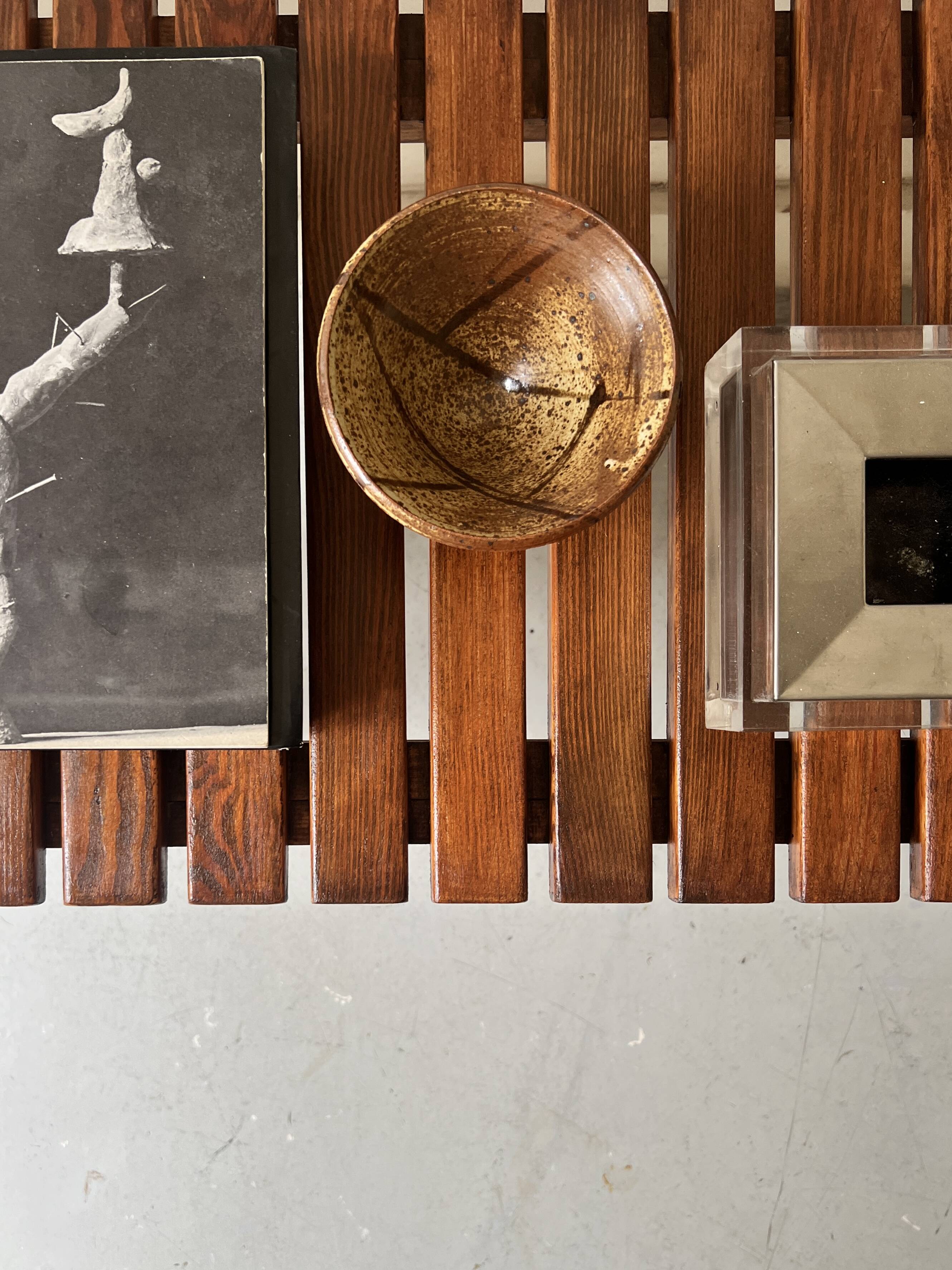 Bench / modernist coffee table made of wooden slats, 1970s design.