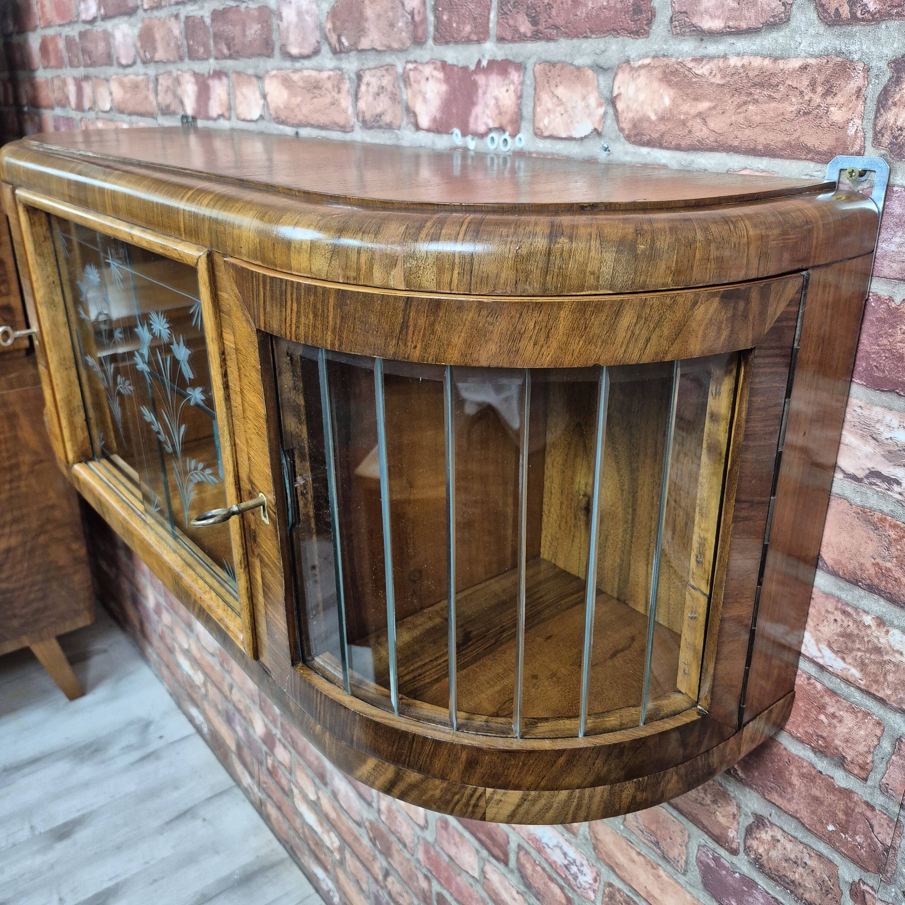 Upcycled Art Deco Walnut Wall Cabinet with Engraved and Slatted Glass - 193