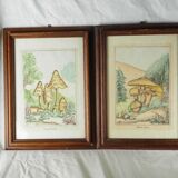 Pair of colorized mycological lithographs - Coprinus comatus, Psalliotta arvensis - 70s