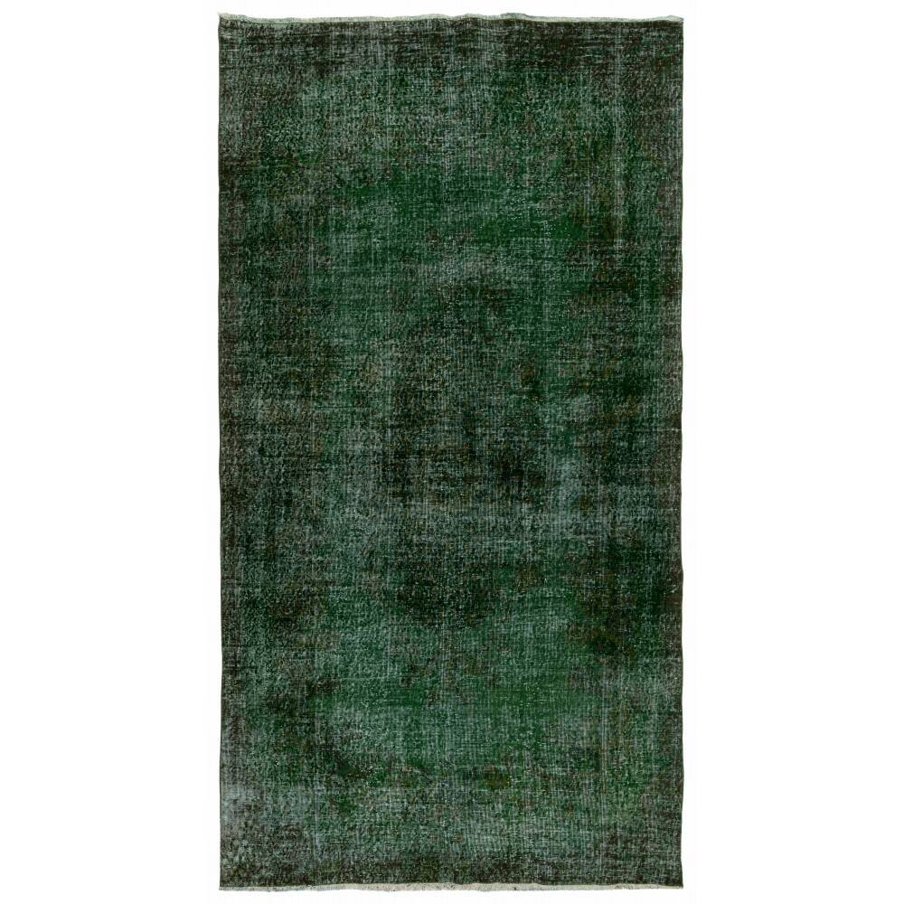 Vintage Hand-knotted Turkish Wool Area Rug Overdyed in Dark Green for Living Room