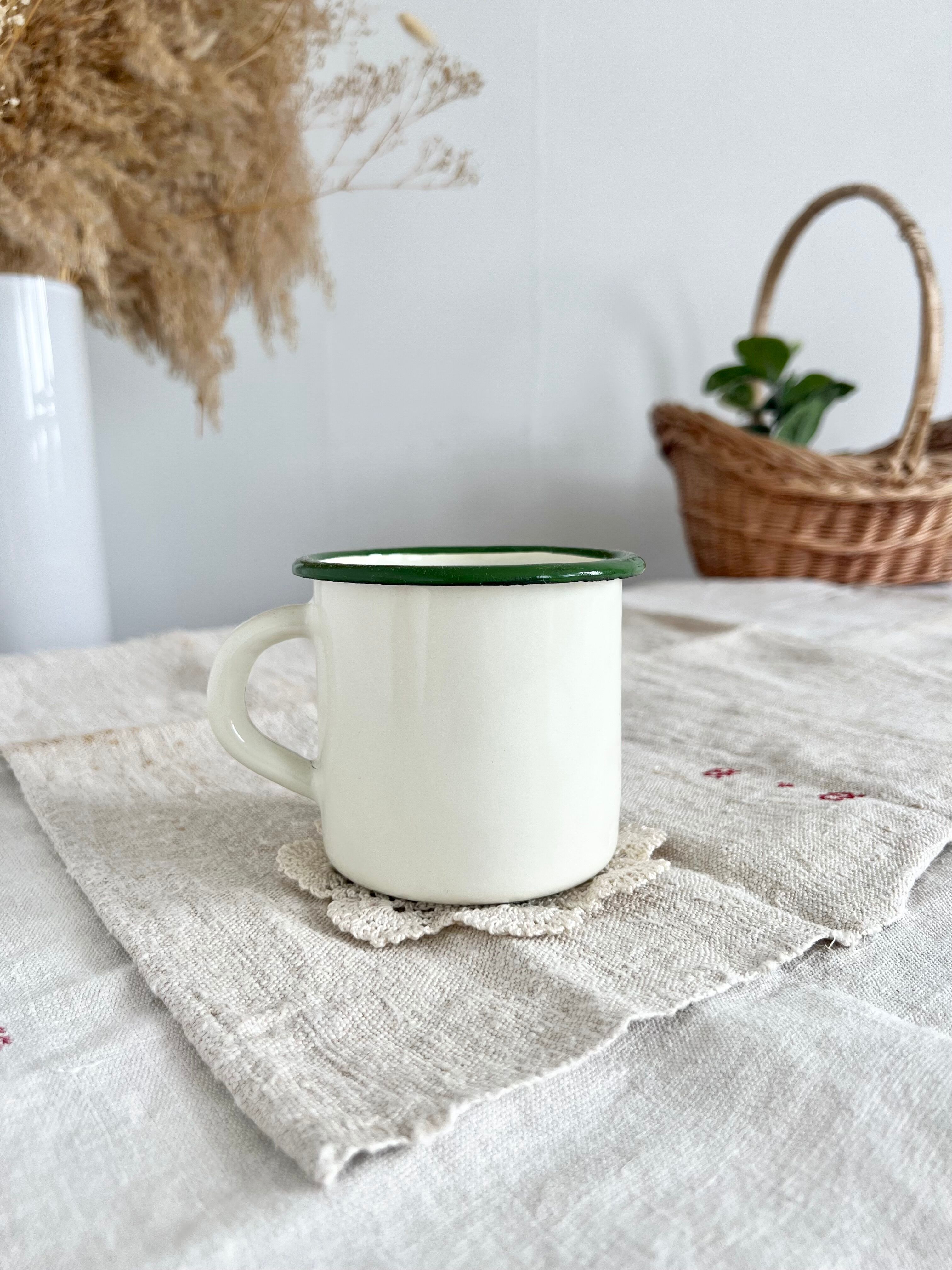 Vintage beige enamelled cup green border olive branch pattern rustic style