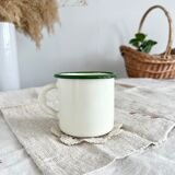 Vintage beige enamelled cup green border olive branch pattern rustic style