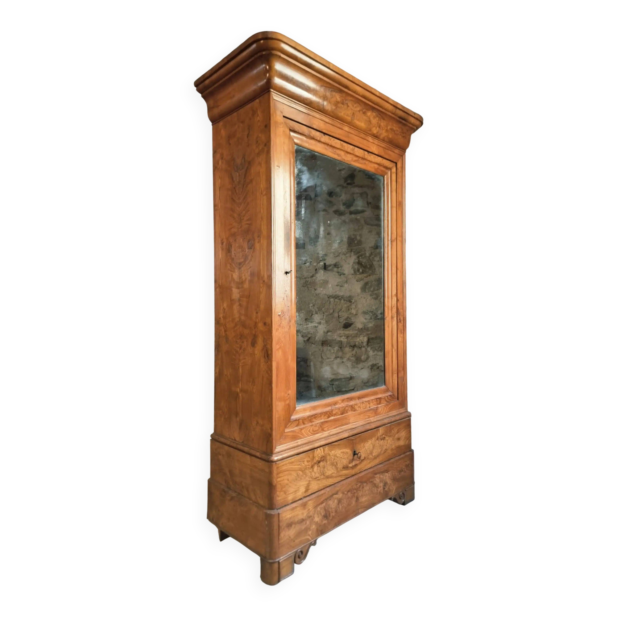 Antique French Louis Philippe wardrobe / wardrobe – elm and oak, mirrored door, 19th century