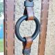 Metal mirror, wrought iron imitation leather straps and horse harness