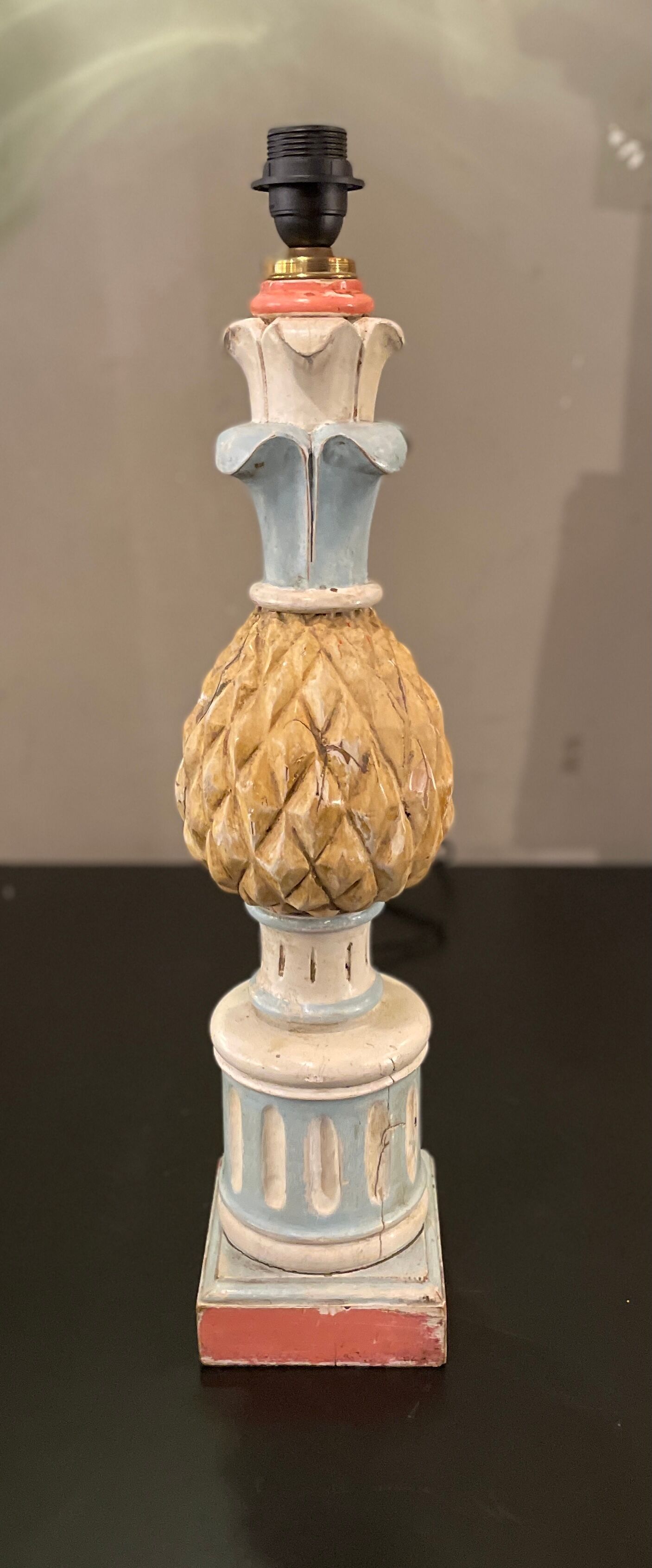 Pineapple lamp, hand-painted wood, 50s