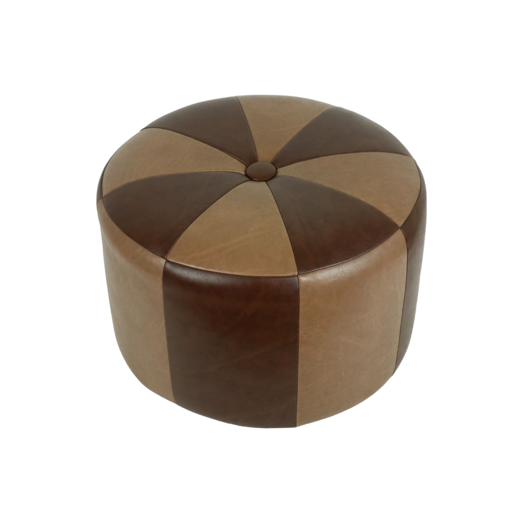 Vintage round pouf skai leather wood footstool brown pattern 44cm