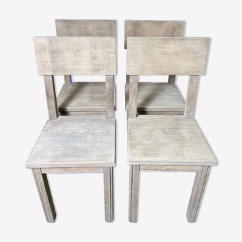 Suite of 4 brutalist chairs in solid oak 1950