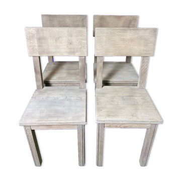 Suite of 4 brutalist chairs in solid oak 1950