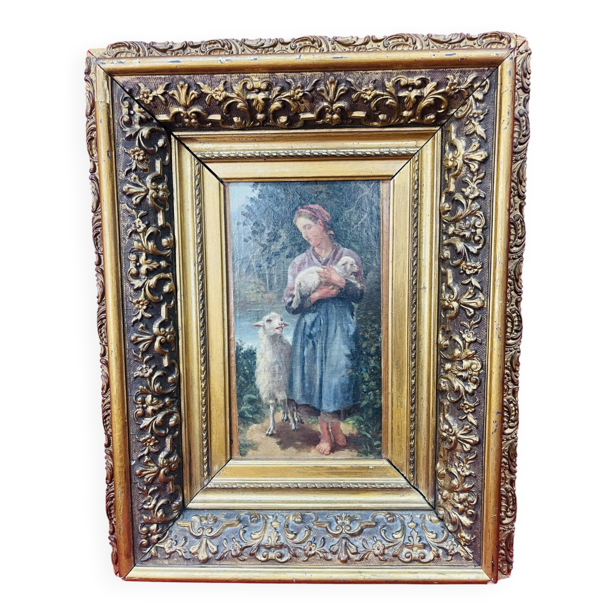 Oil painting on panel of a shepherdess with lambs after J.B. Hofner X