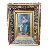 Oil painting on panel of a shepherdess with lambs after J.B. Hofner X