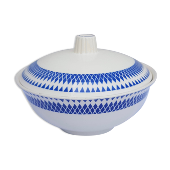 Badonviller Saladier with blue geometric decoration lid