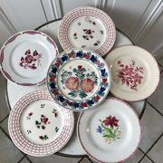Set of 6 flat plates mismatched pink Badonviller, Longchamp, Digoin "Rosa" and Quimper