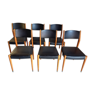 Suite de 6 chaises scandinaves vintage en bois et skai années 50 60