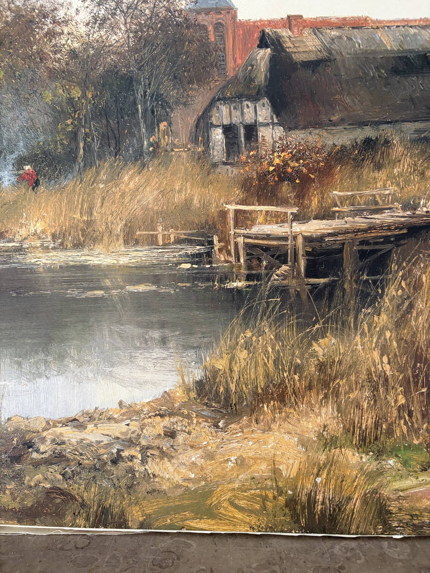 Village by the water, oil on paper signed