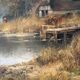 Village by the water, oil on paper signed