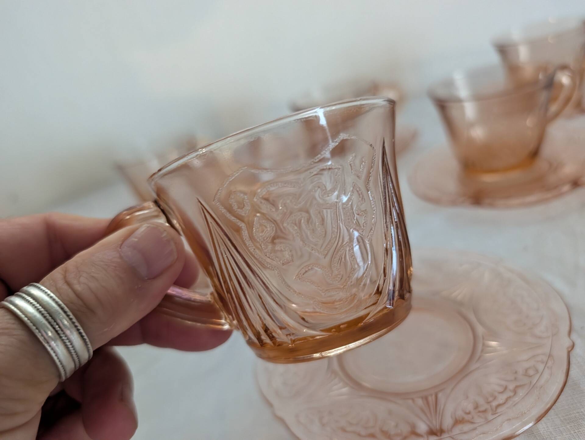 Art Deco pink glass coffee service from the 1930s.