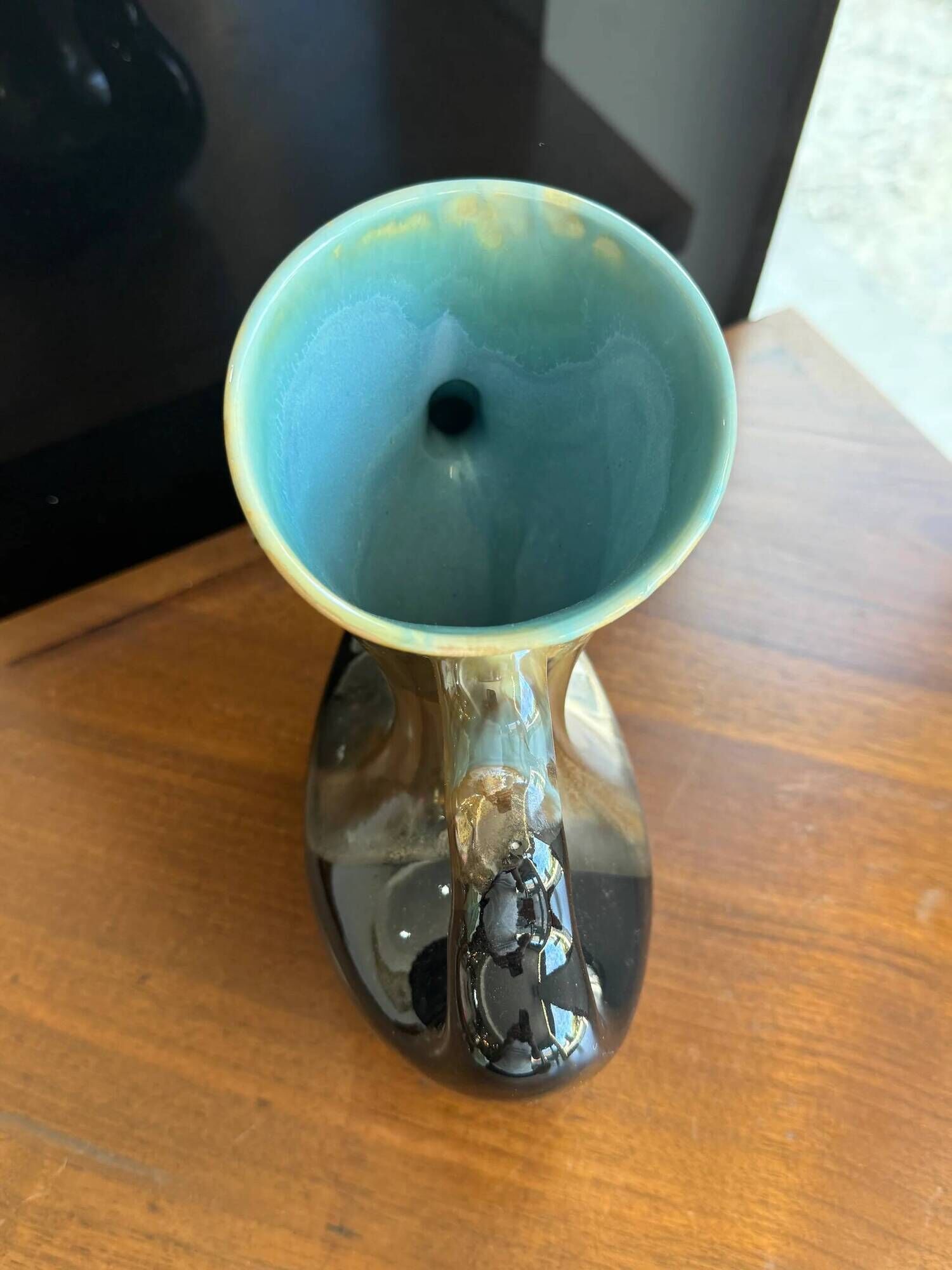 Vintage ceramic vase sculpture with openwork handles – Flamed green & black glaze (c. 1950–1960, Numbered 343)