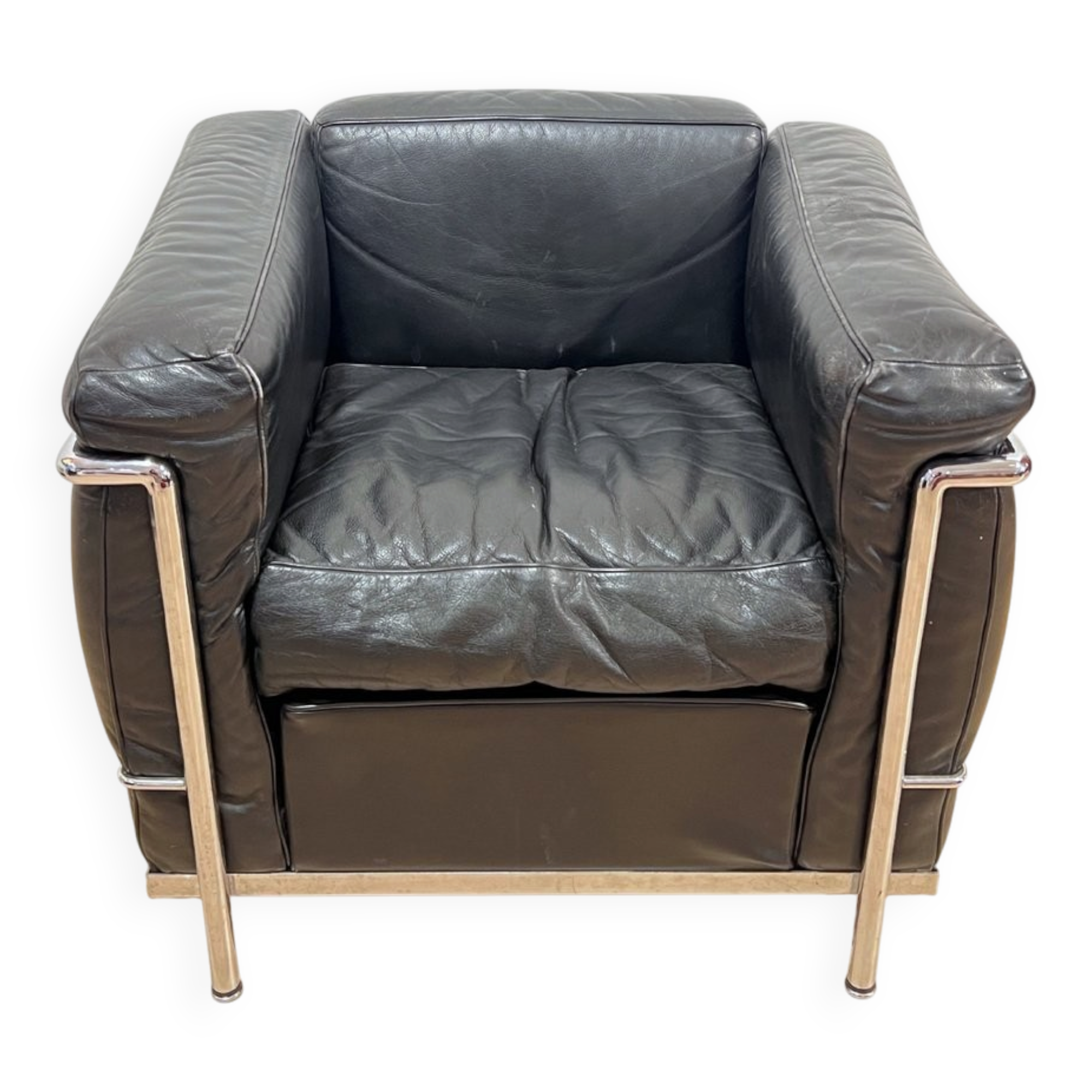 Black Leather LC2 Club Chair with Chromed Frame by Le Corbusier for Cassina, 1965