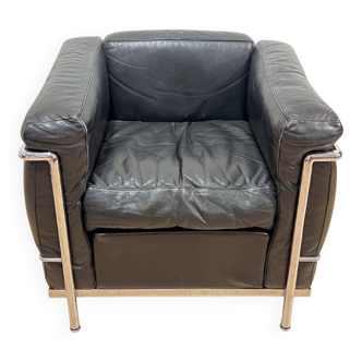 Black Leather LC2 Club Chair with Chromed Frame by Le Corbusier for Cassina, 1965