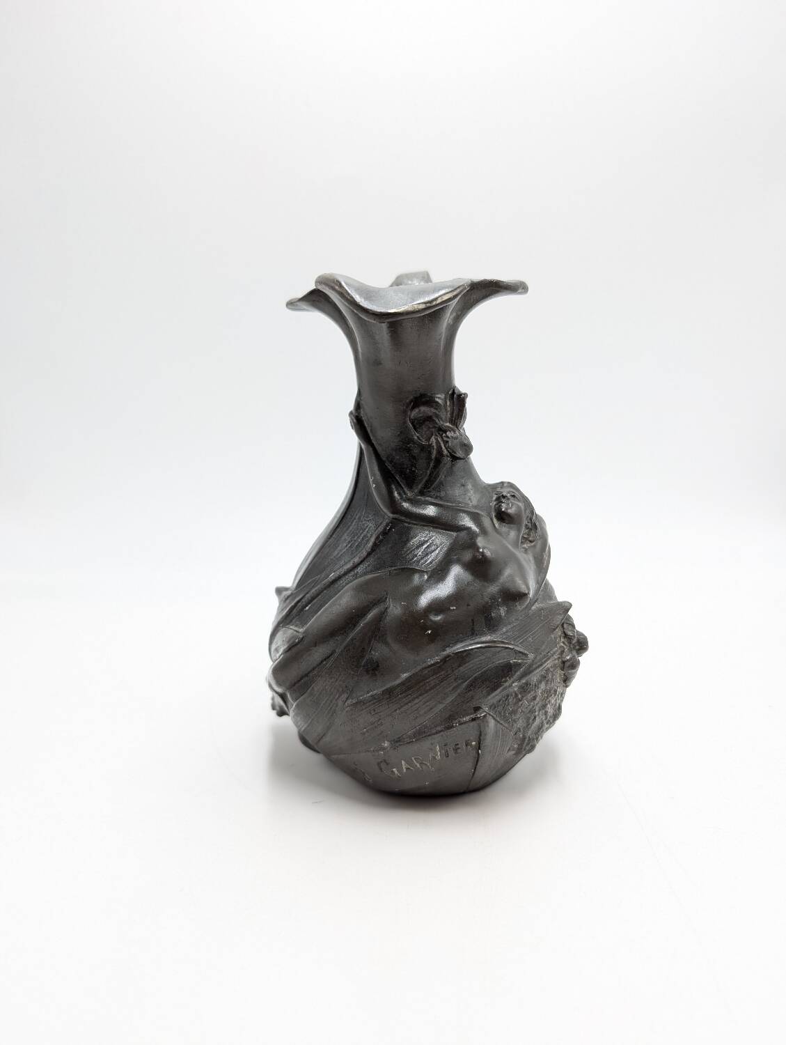 Pewter vase - art nouveau - nude woman j. garnier