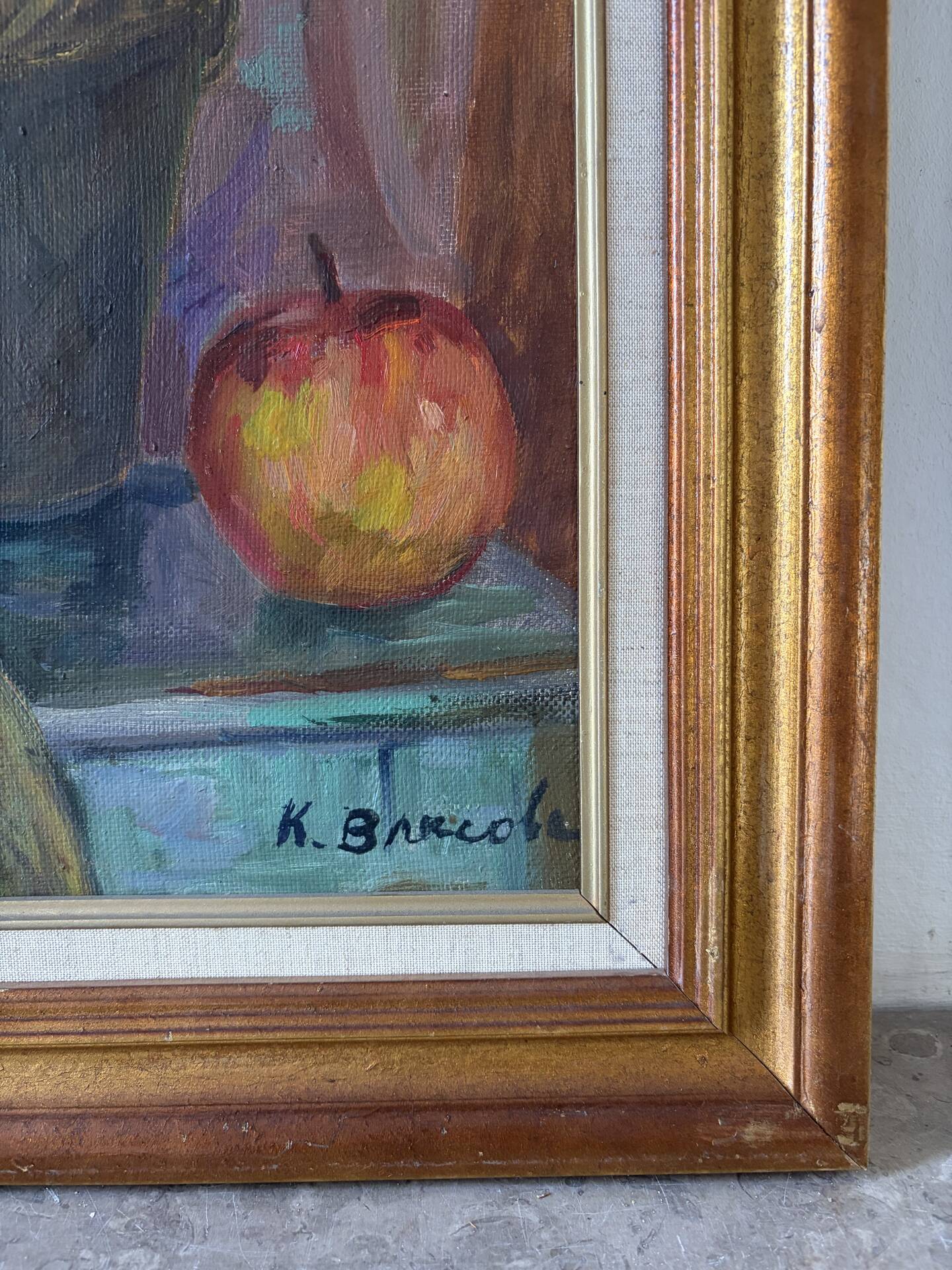 Russian still life with fruits and jug, oil on canvas signed 1986