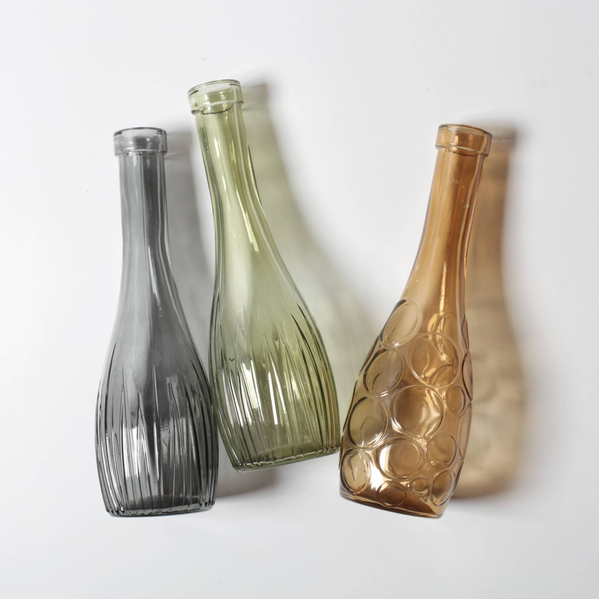 Set of 3 Grey, Green and Amber Glass Vases / Colored Bottles / Ikea / 2000s
