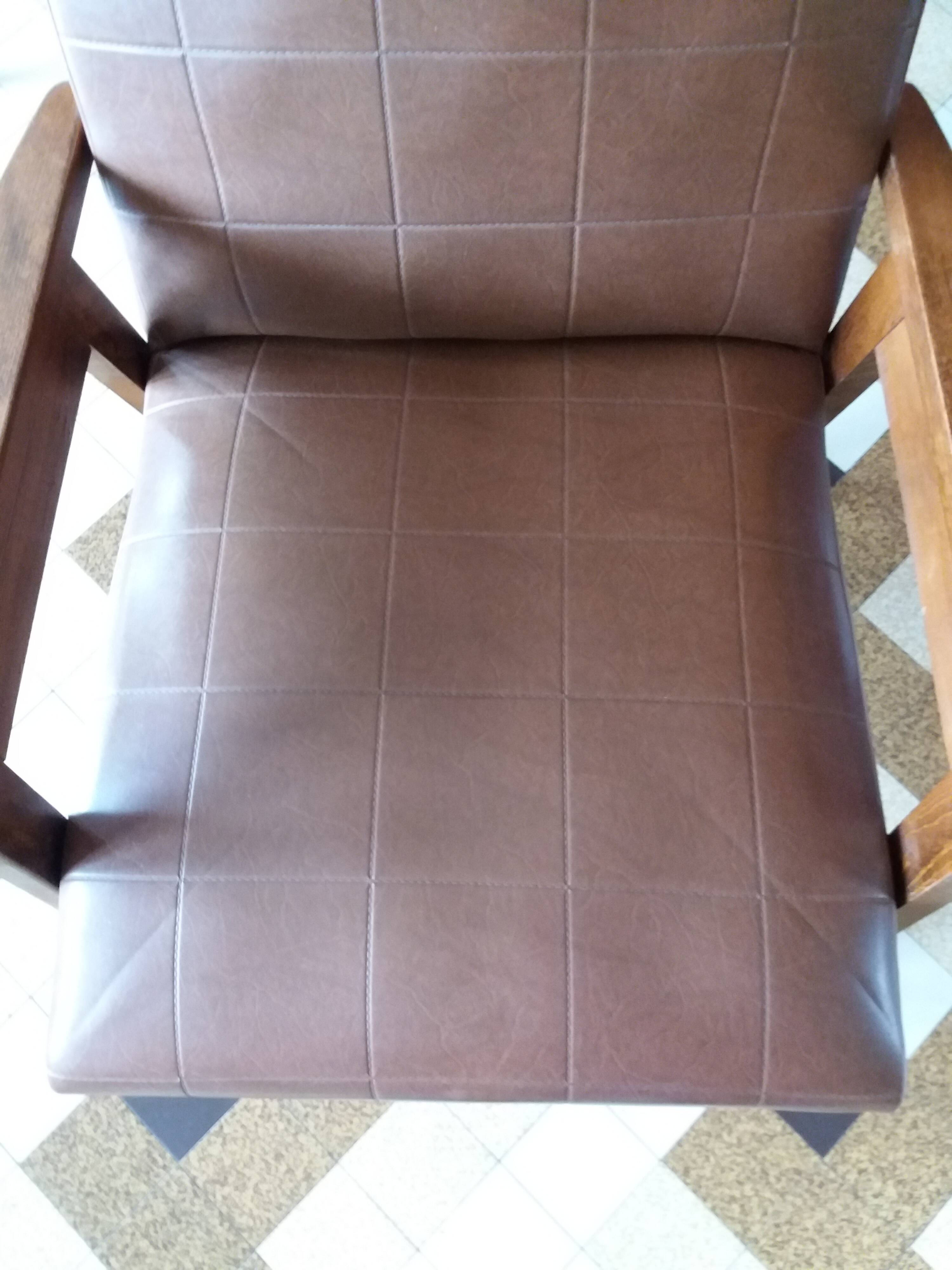 Scandinavian armchair in brown leatherette and wood